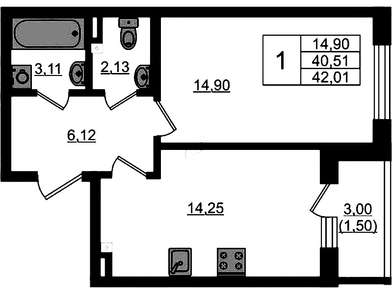 1-комнатная квартира 42.01 м², 2/4 эт., ЖК «Новая история»